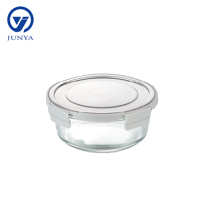 Round Glass Food Container with Four Lock Plastic+Iron Lid