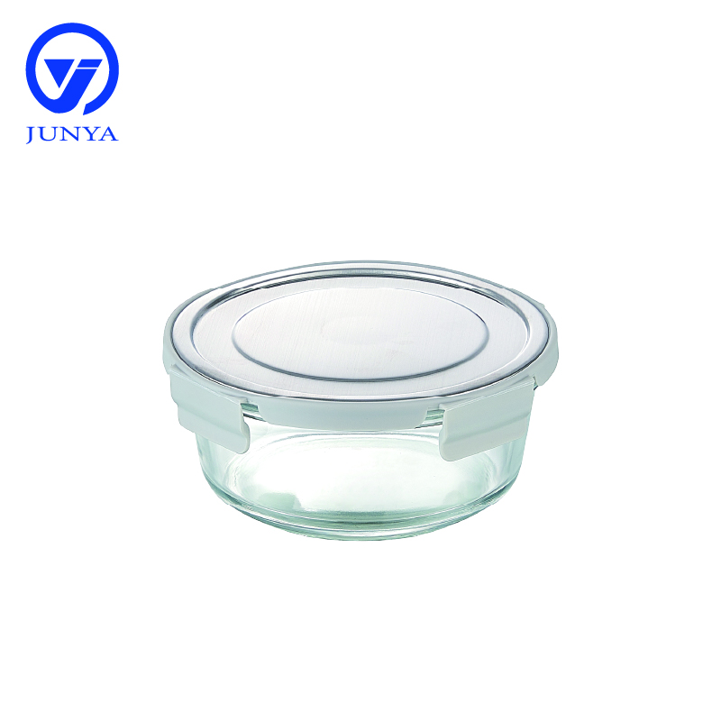 Round Glass Food Container with Four Lock Plastic+Iron Lid