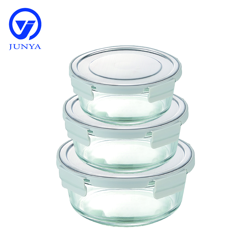 Round Glass Food Container with Four Lock Plastic+Iron Lid