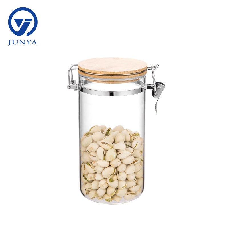 High-Borosilicate Glass Storage Jar with Bamboo Wood Lid And Steel Wire Buckle