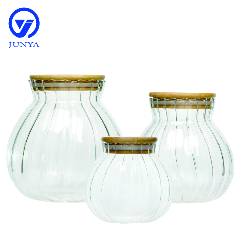 High-Borosilicate Glass Storage Jar with Bamboo Wood Lid Gourd Shape