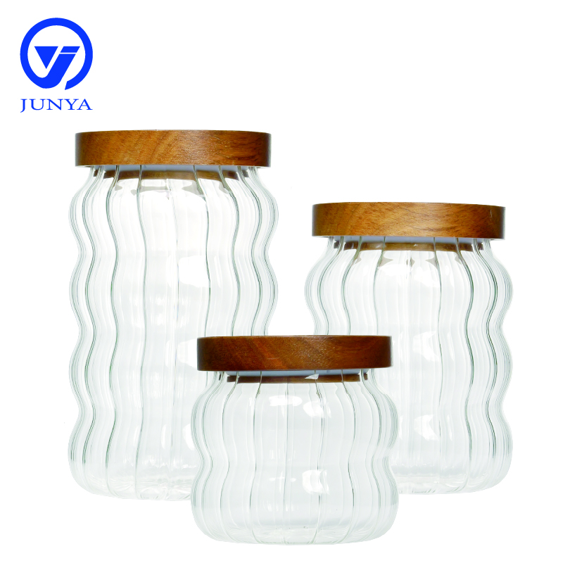 High-Borosilicate Glass Storage Jar with Bamboo Wood Lid Wave Pattern