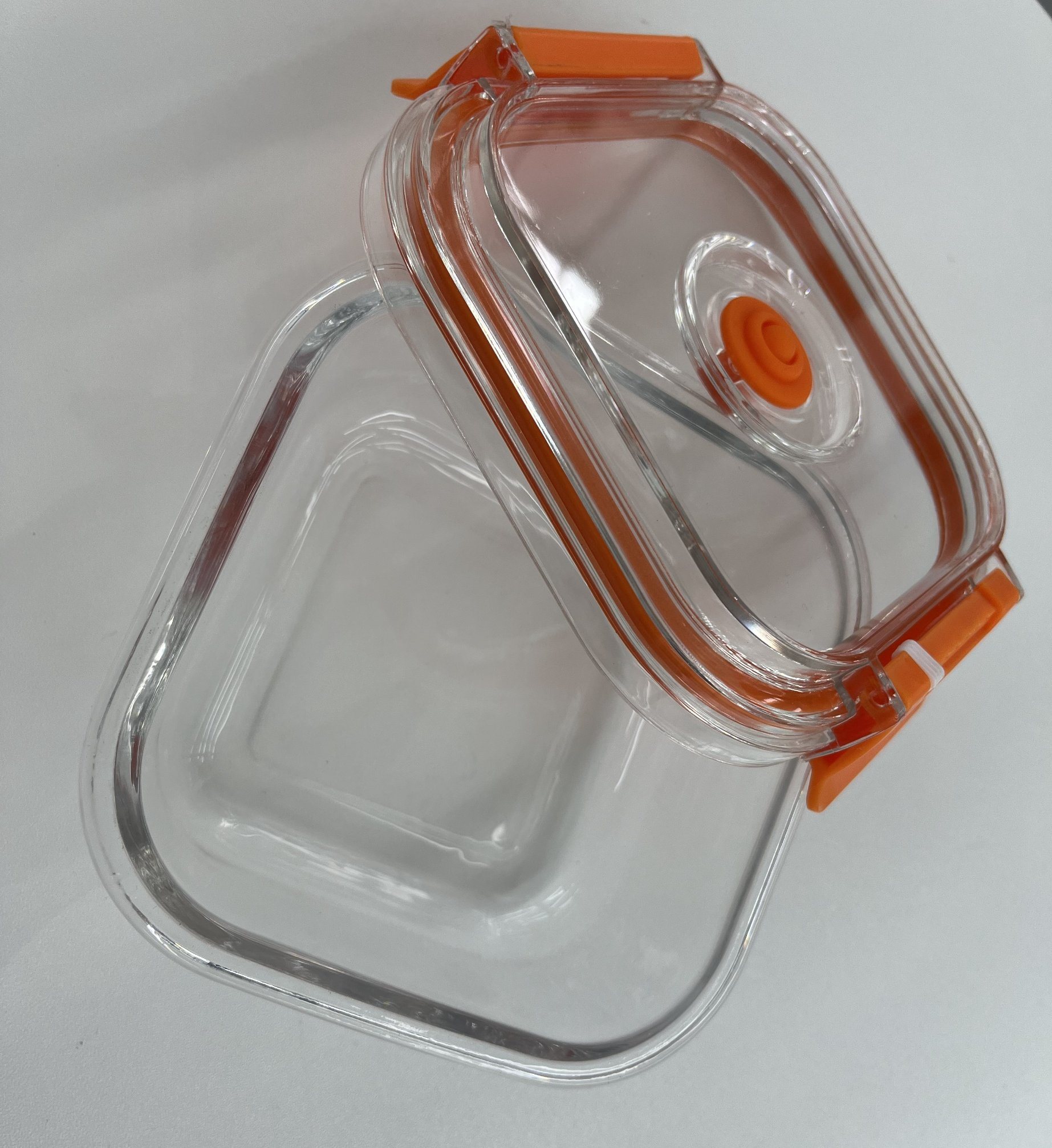 High-Borosilicate Glass Food Container with Orange Vacuum Lid Square Shape