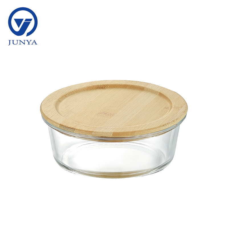 Round Glass Food Container with Bamboo Wood Lid Indentation