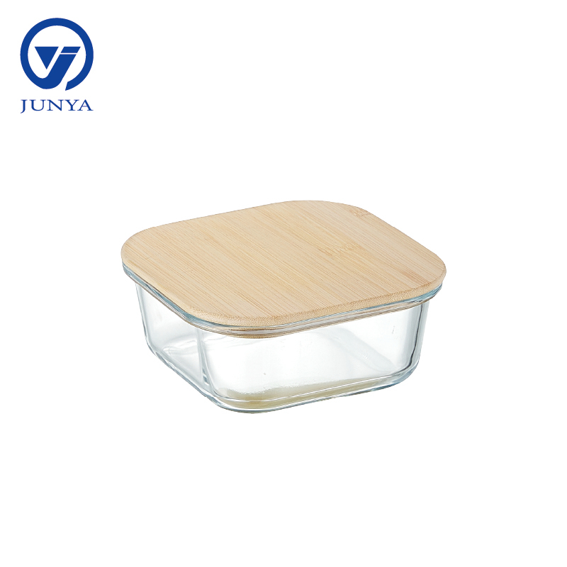 High-Borosilicate Glass Food Container with Bamboo Wood Lid Square Shape