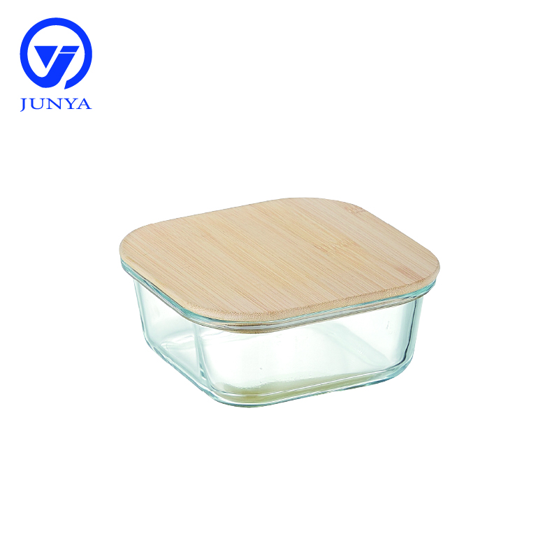 High-Borosilicate Glass Food Container with Bamboo Wood Lid Square Shape