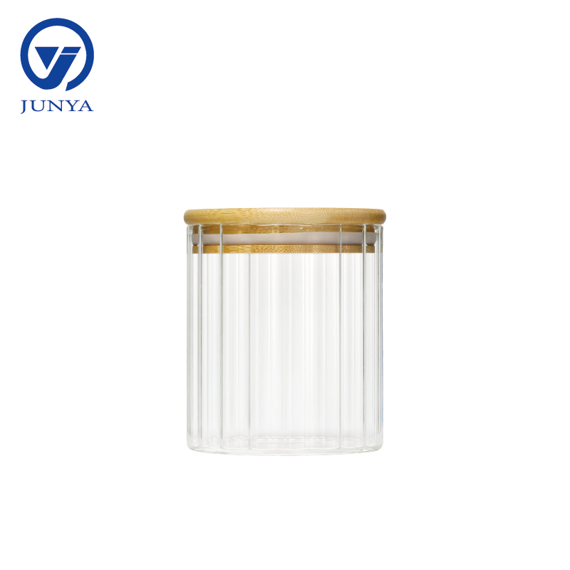 High-Borosilicate Glass Storage Jar with Bamboo Wood Lid Stripe Pattern
