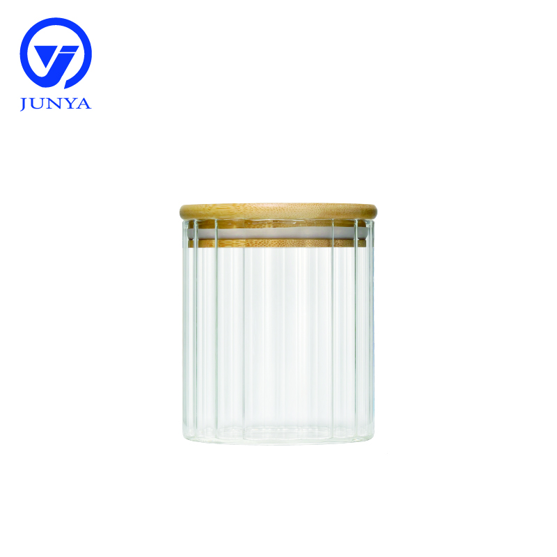 High-Borosilicate Glass Storage Jar with Bamboo Wood Lid Stripe Pattern