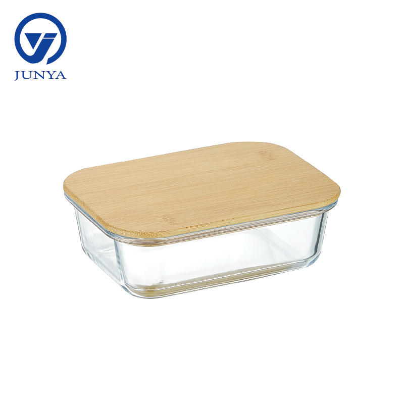 High-Borosilicate Glass Food Container with Bamboo Wood Lid Rectangle Shape