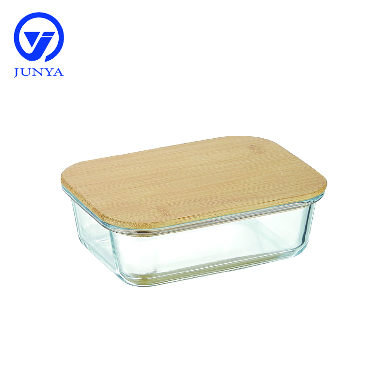 High-Borosilicate Glass Food Container with Bamboo Wood Lid Rectangle Shape