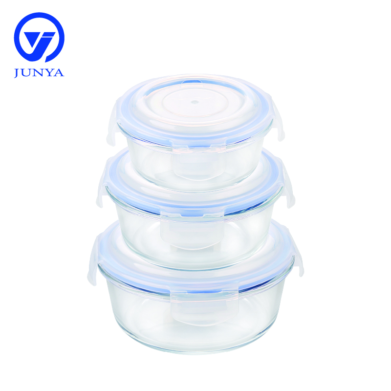 Round Glass Food Container with Four Lock Plastic Lid