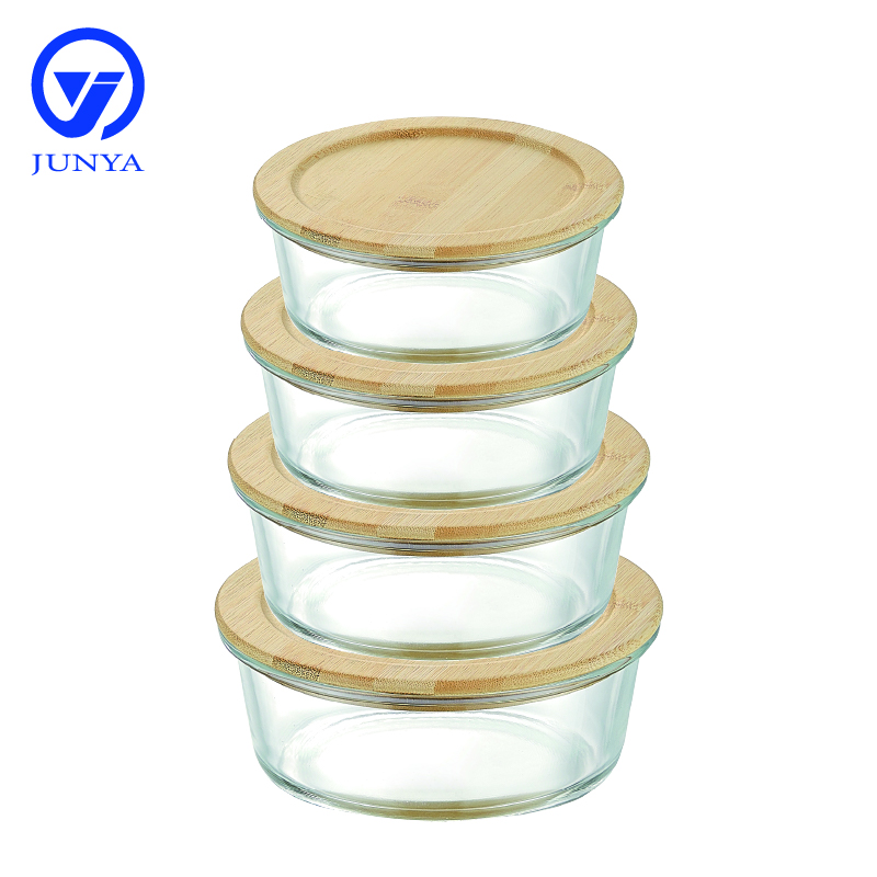 Round Glass Food Container with Bamboo Wood Lid Indentation
