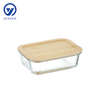 Rectangle Glass Food Container with Bamboo Wood Lid Indentation