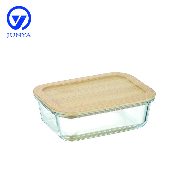 Rectangle Glass Food Container with Bamboo Wood Lid Indentation