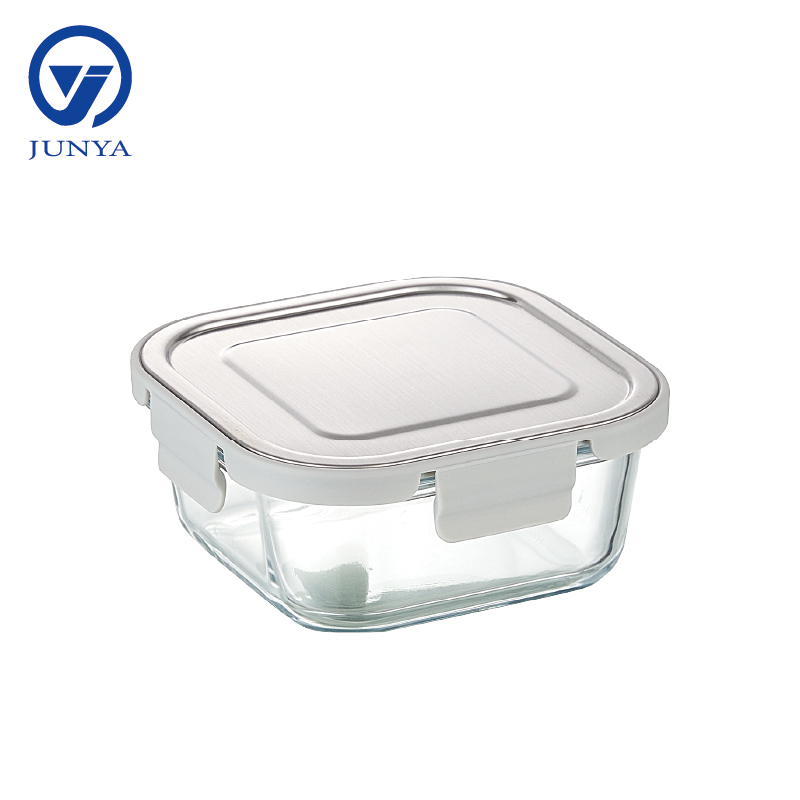 Square Glass Food Container with Four Lock Plastic+Iron Lid