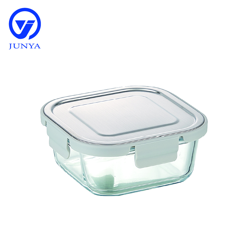 Square Glass Food Container with Four Lock Plastic+Iron Lid