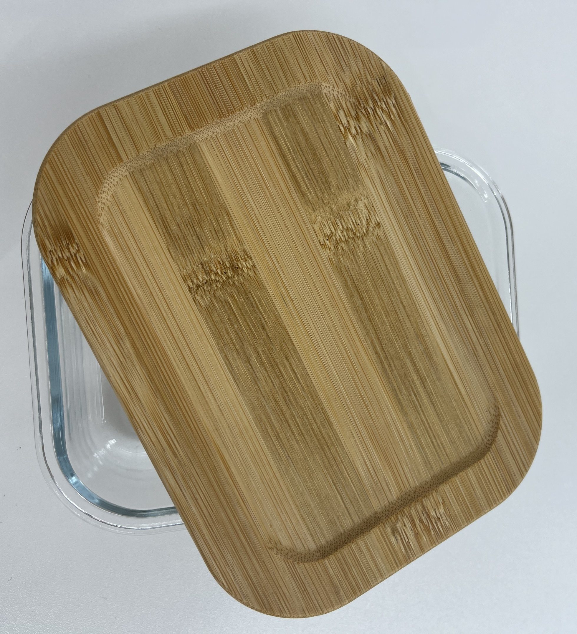 Rectangle Glass Food Container with Bamboo Wood Lid Indentation