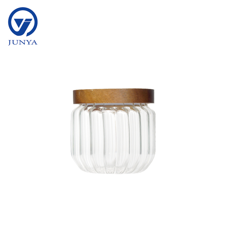 High-Borosilicate Glass Storage Jar with Bamboo Wood Lid Stripe Pattern