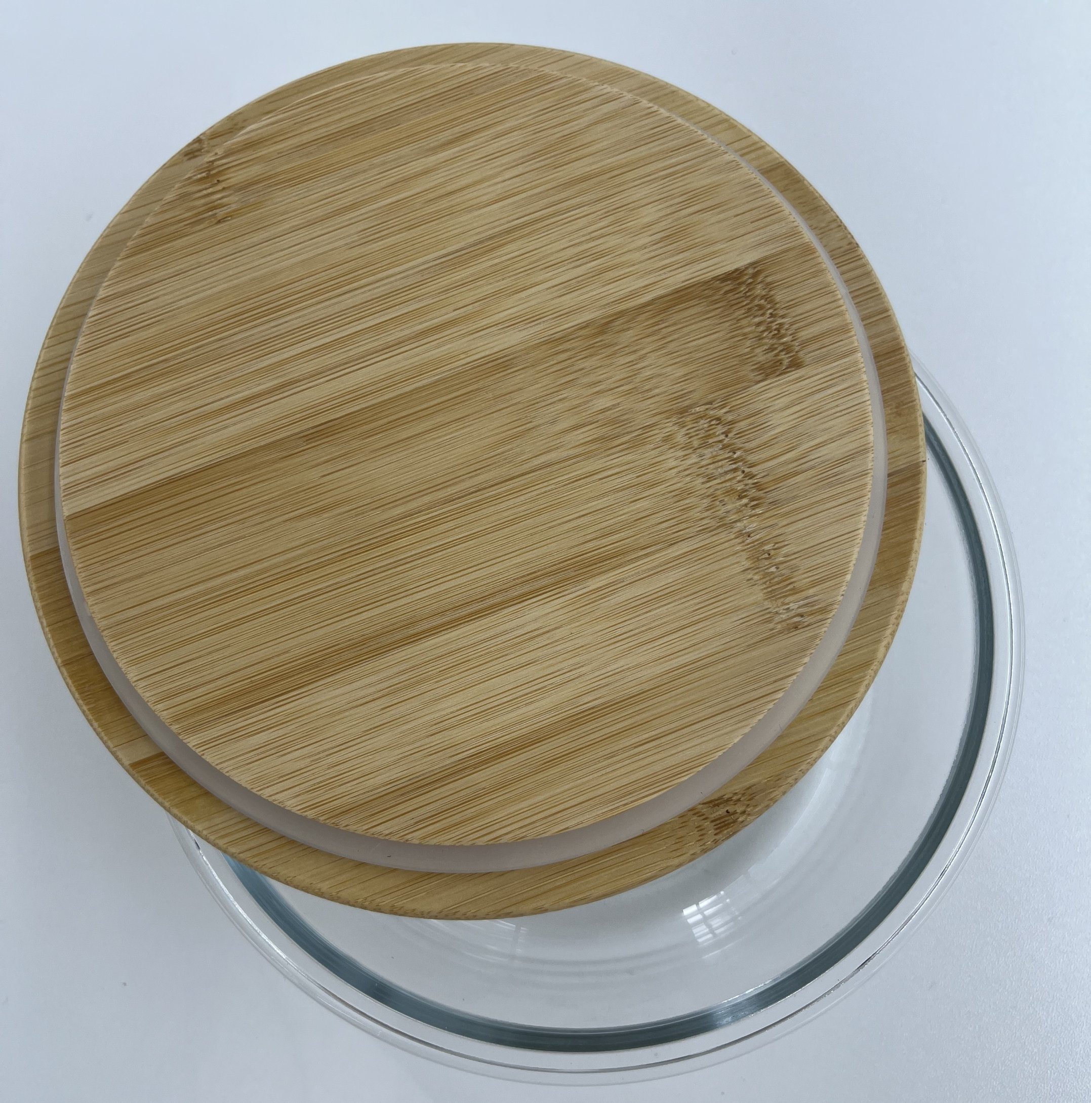 Round Glass Food Container with Bamboo Wood Lid Indentation
