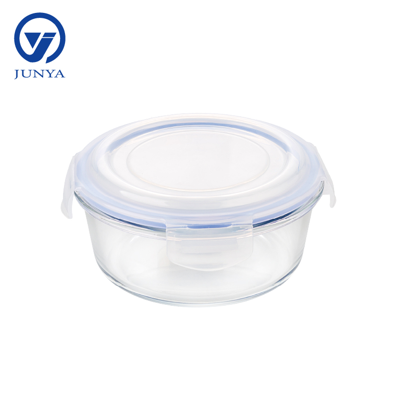Round Glass Food Container with Four Lock Plastic Lid
