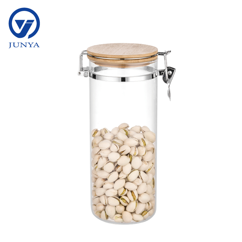 High-Borosilicate Glass Storage Jar with Bamboo Wood Lid And Steel Wire Buckle