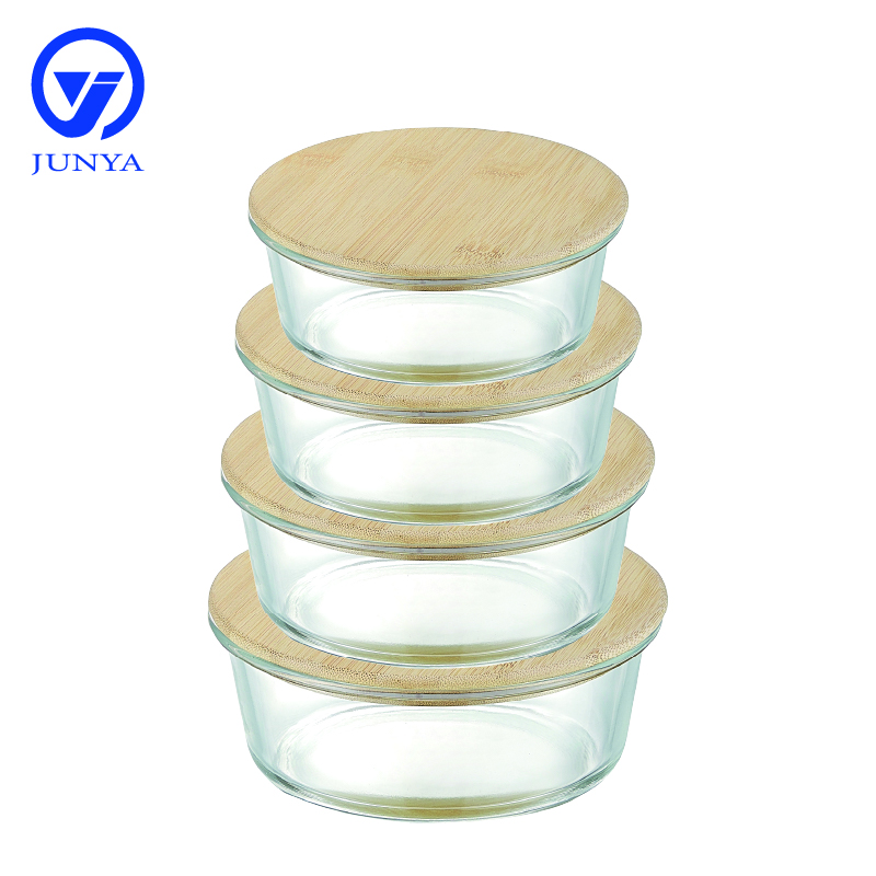High-Borosilicate Glass Food Container with Bamboo Wood Lid Round Shape