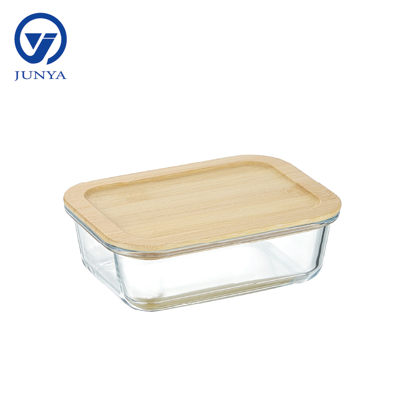 Round Glass Food Container with Bamboo Wood Lid Indentation