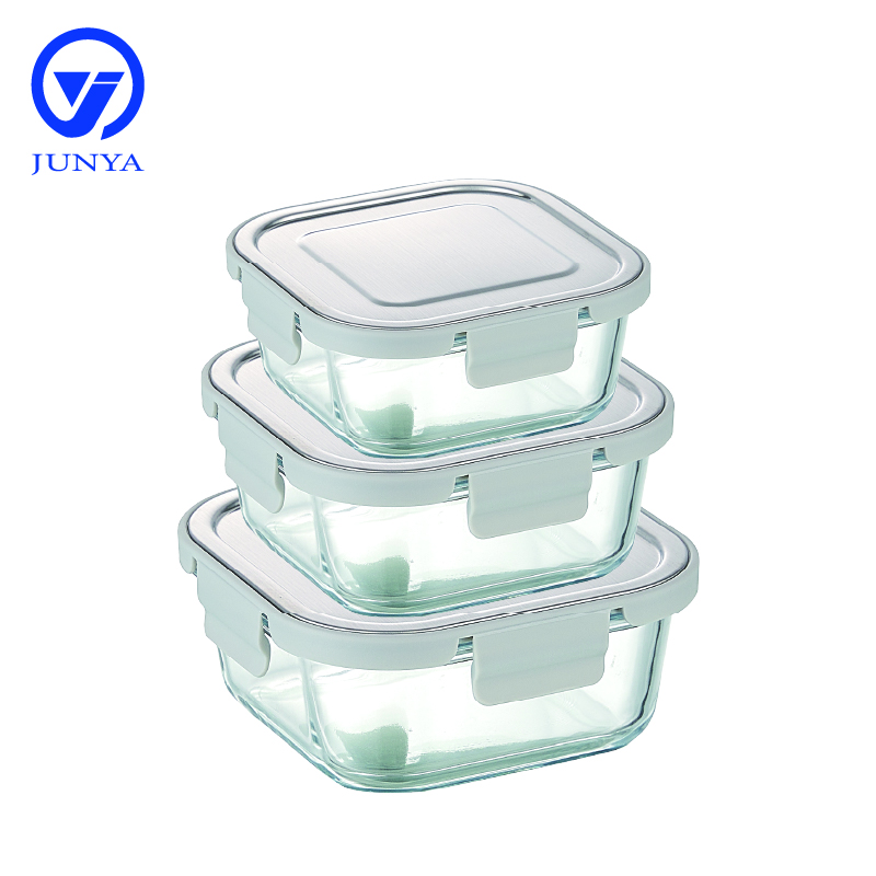 Square Glass Food Container with Four Lock Plastic+Iron Lid