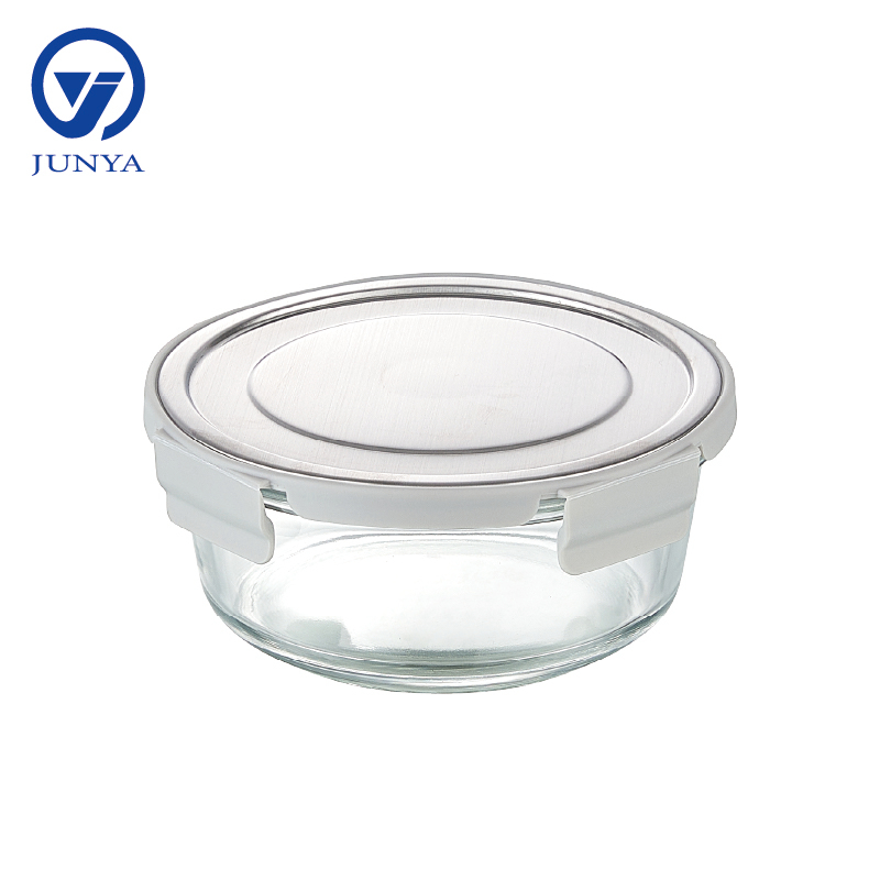 Round Glass Food Container with Four Lock Plastic+Iron Lid