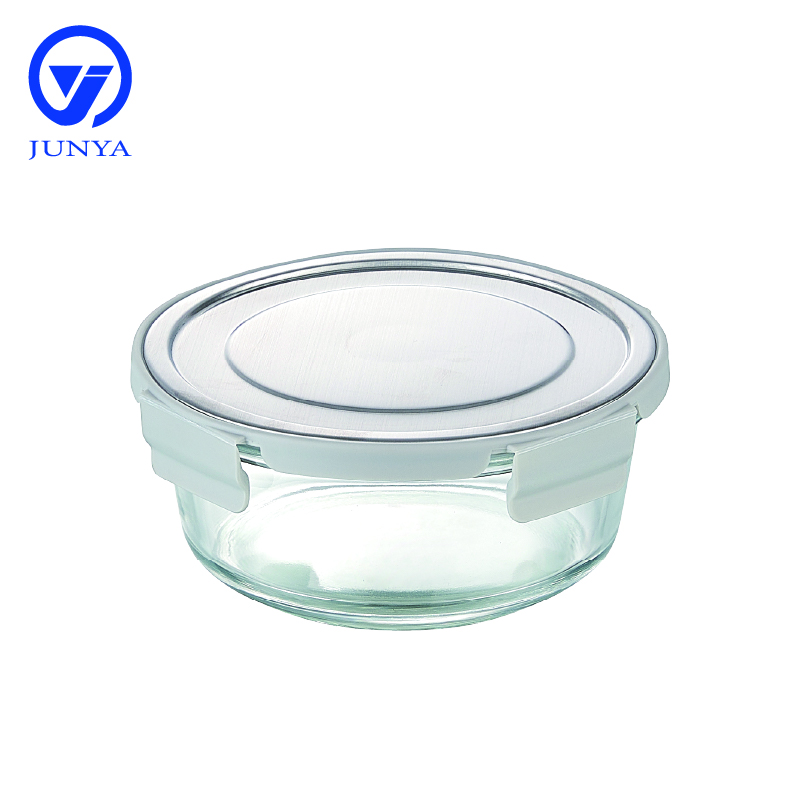 Round Glass Food Container with Four Lock Plastic+Iron Lid