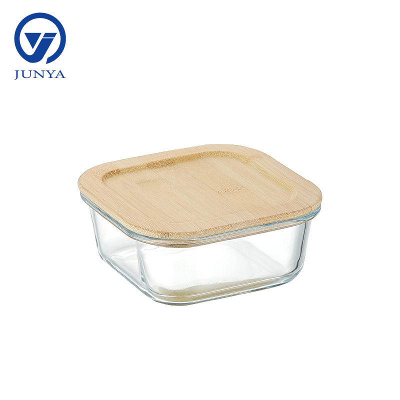 Square Glass Food Container with Bamboo Wood Lid Indentation