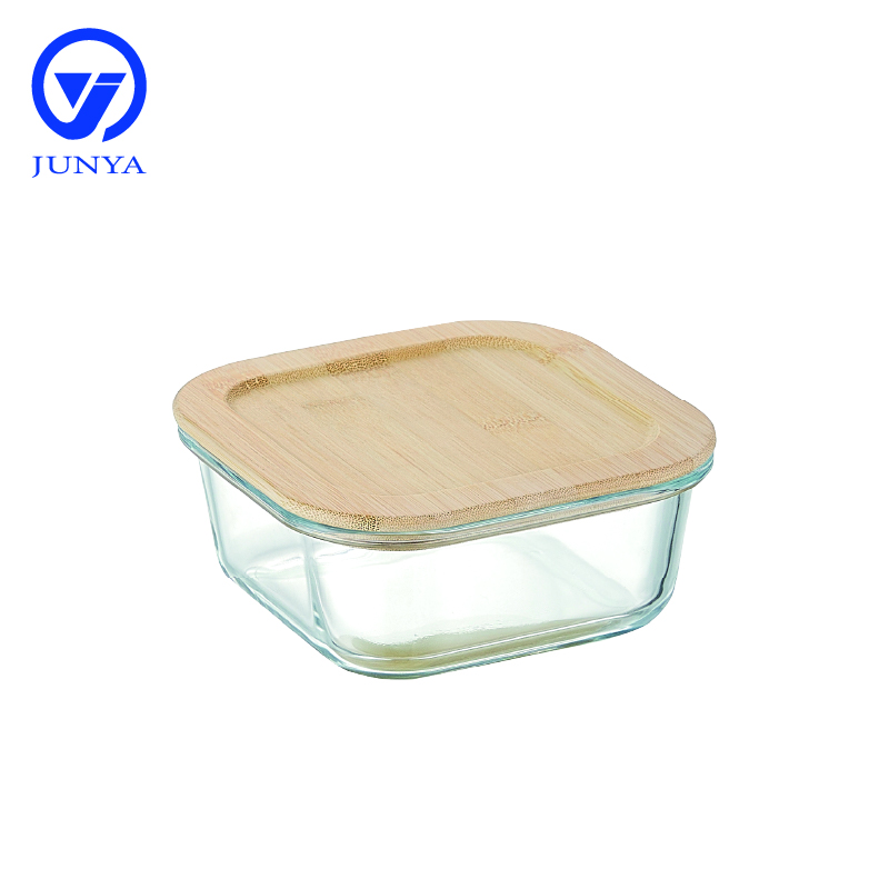 Square Glass Food Container with Bamboo Wood Lid Indentation