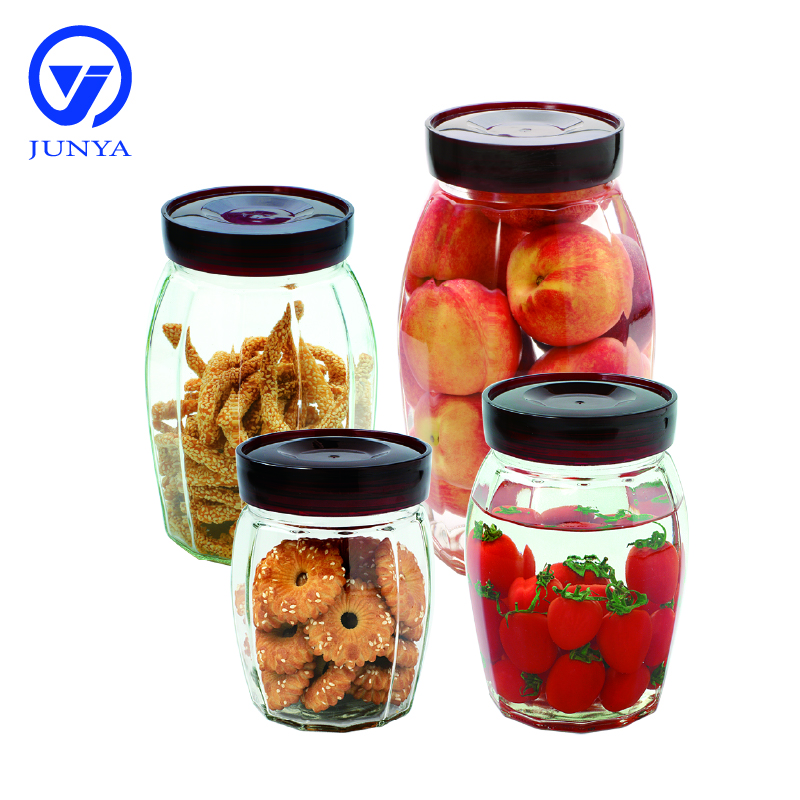 Glass Storage Jar with Red Plastic Lid Round Shape