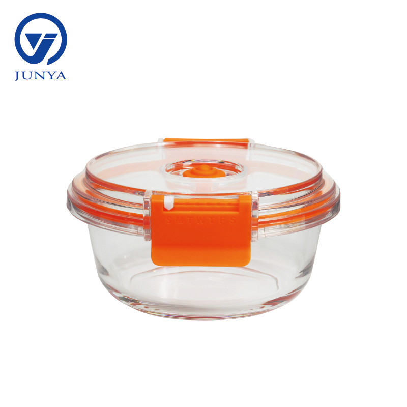 High-Borosilicate Glass Food Container with Orange Vacuum Lid Round Shape
