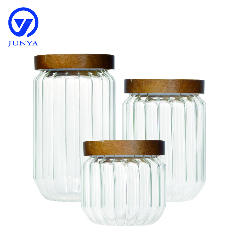 High-Borosilicate Glass Storage Jar with Bamboo Wood Lid Stripe Pattern
