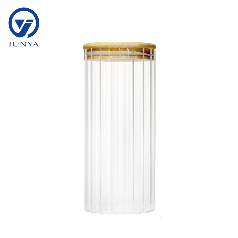 High-Borosilicate Glass Storage Jar with Bamboo Wood Lid Stripe Pattern