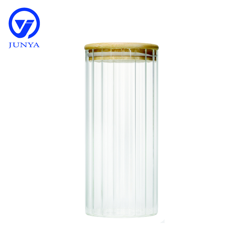High-Borosilicate Glass Storage Jar with Bamboo Wood Lid Stripe Pattern