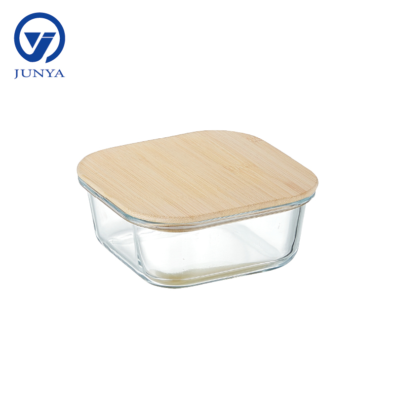 High-Borosilicate Glass Food Container with Bamboo Wood Lid Square Shape