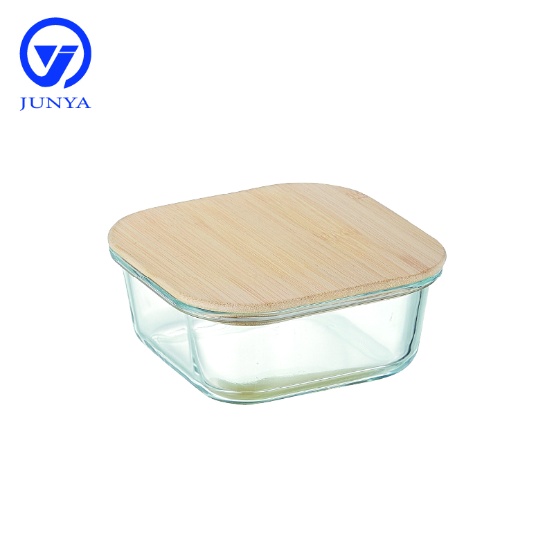High-Borosilicate Glass Food Container with Bamboo Wood Lid Square Shape