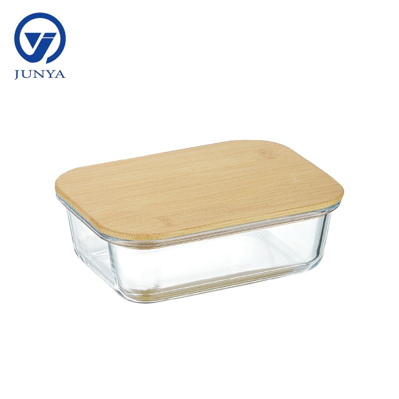 High-Borosilicate Glass Food Container with Bamboo Wood Lid Rectangle Shape