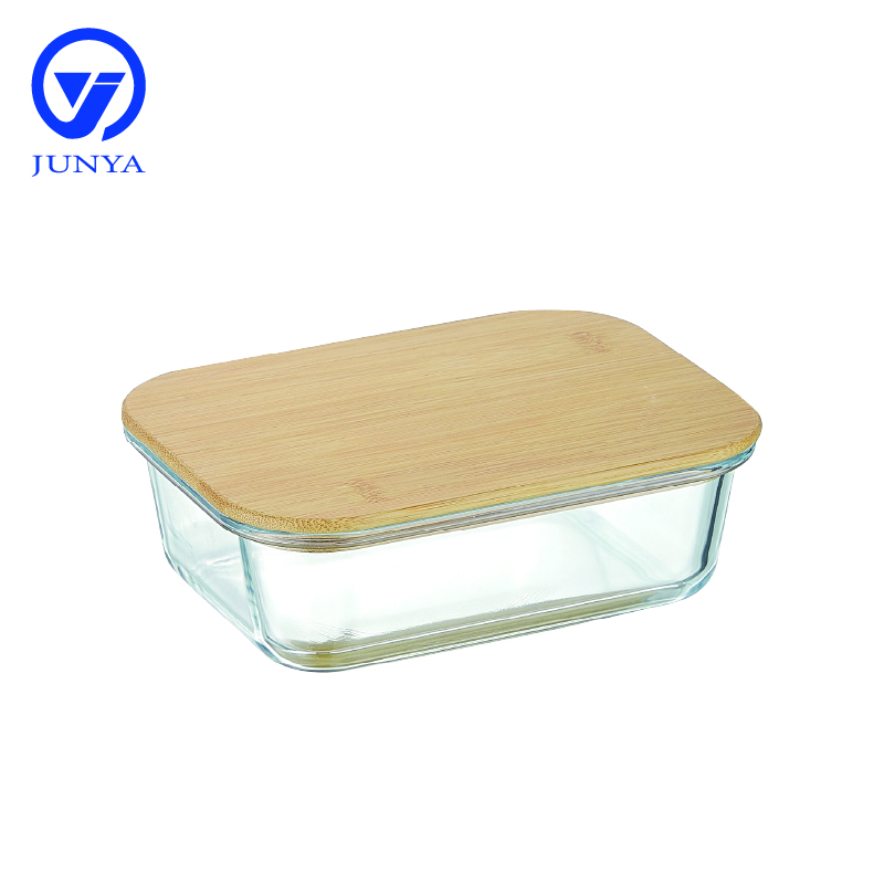High-Borosilicate Glass Food Container with Bamboo Wood Lid Rectangle Shape