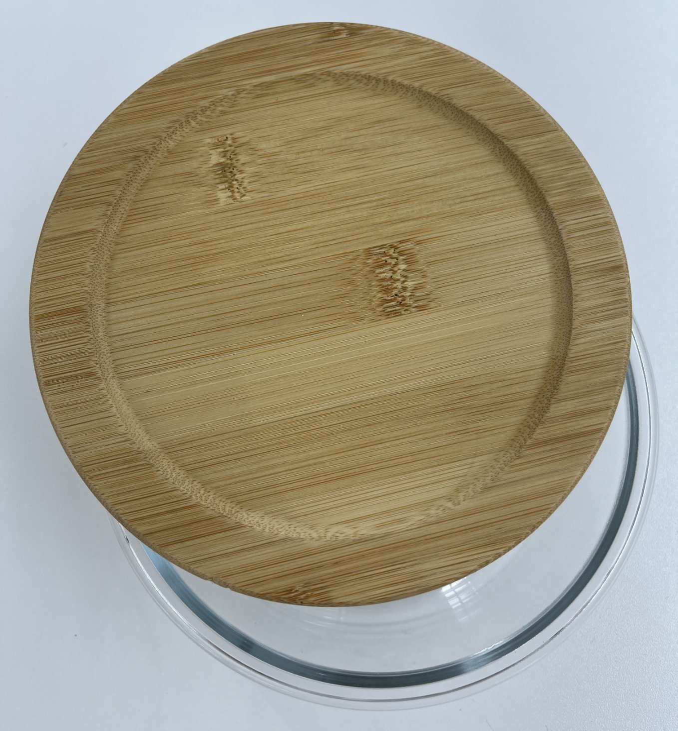 Round Glass Food Container with Bamboo Wood Lid Indentation