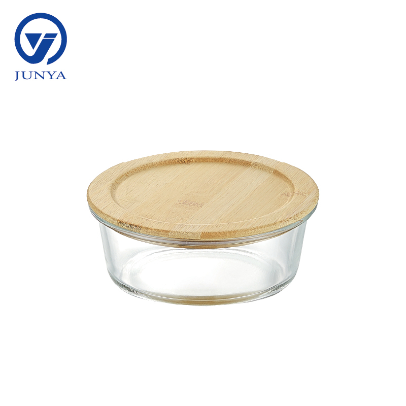 Round Glass Food Container with Bamboo Wood Lid Indentation