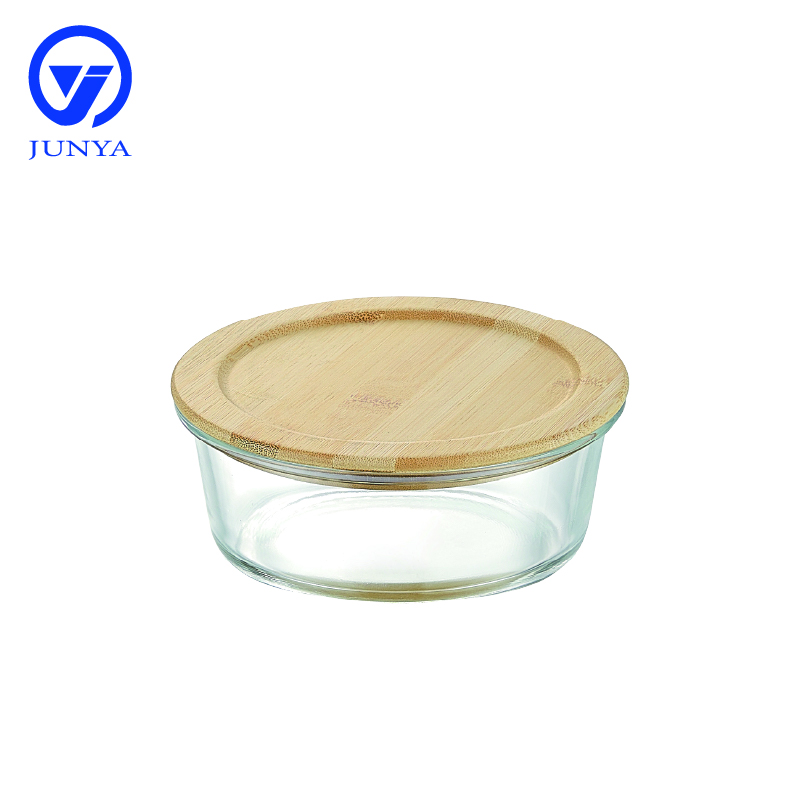 Round Glass Food Container with Bamboo Wood Lid Indentation
