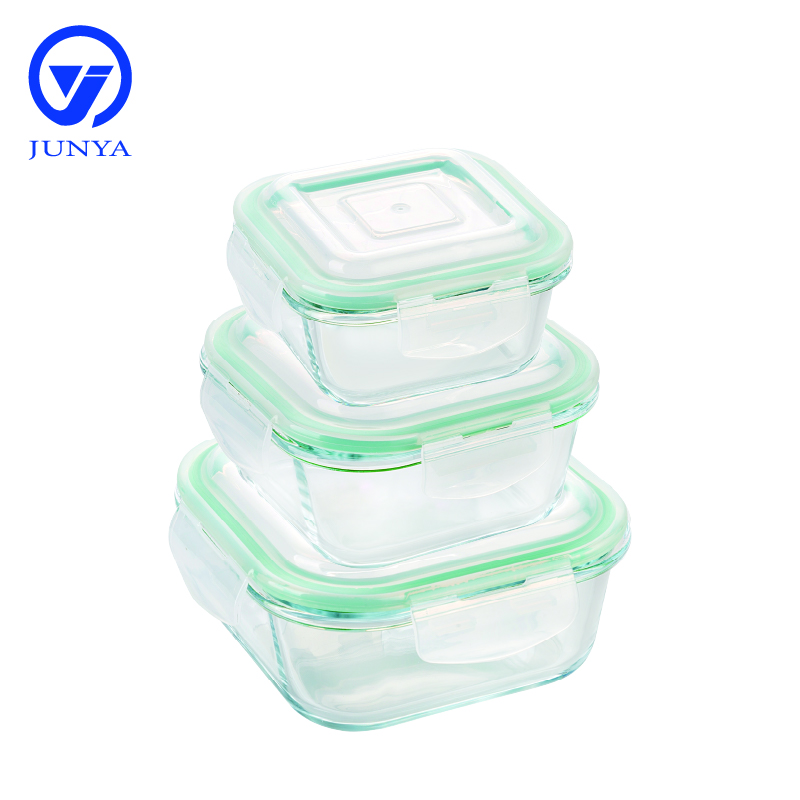 Square Glass Food Container with Four Lock Plastic Lid