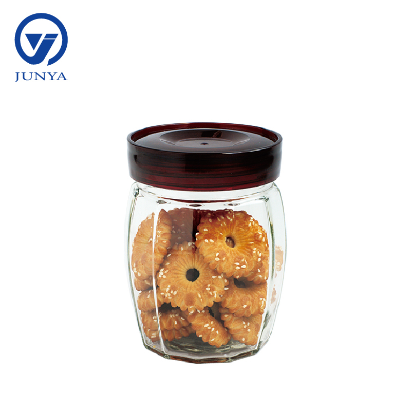 Glass Storage Jar with Red Plastic Lid Round Shape